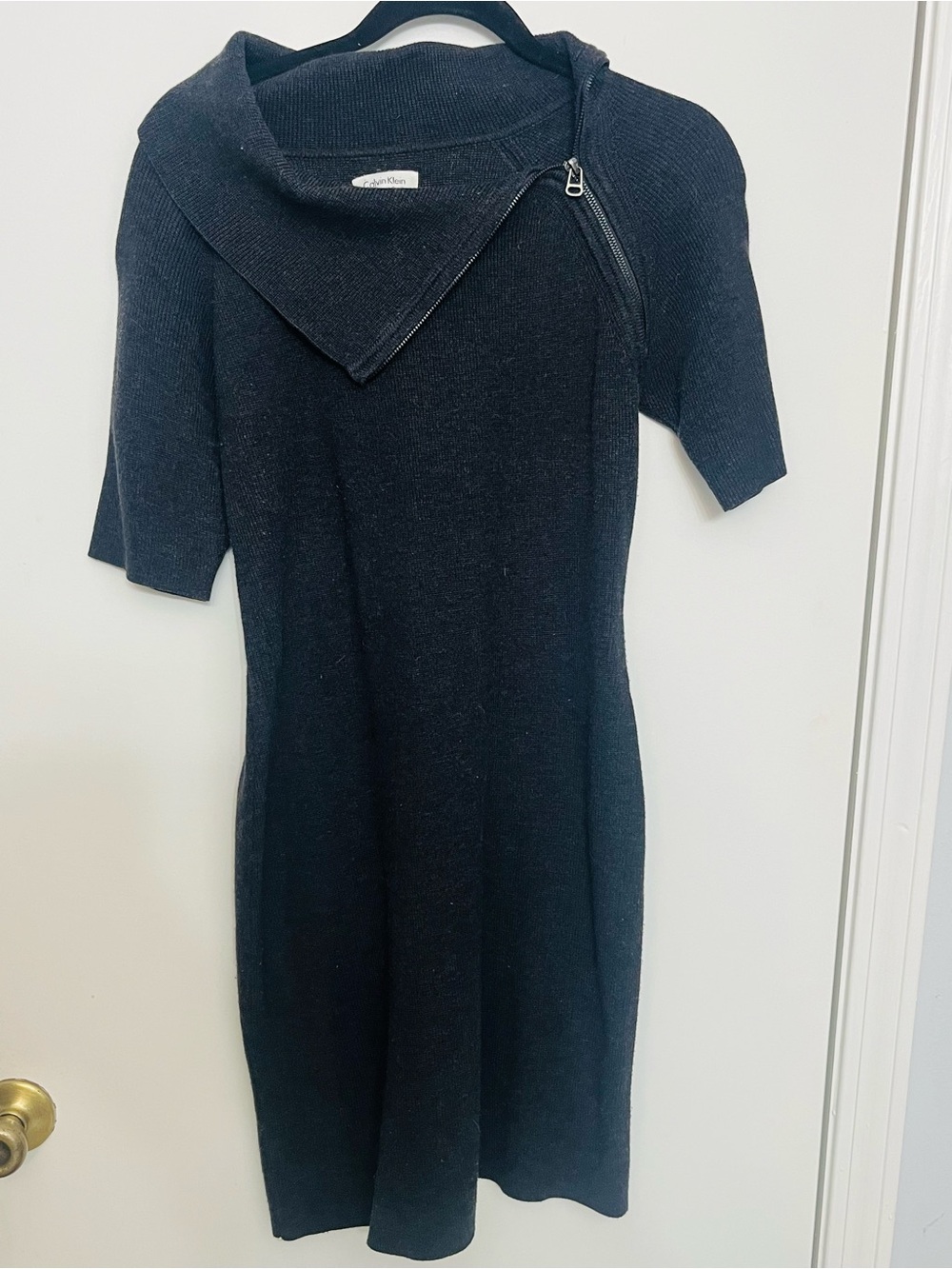 Calvin Klein Dark Gray Sweater dress with Asymmetrical Zip Collar, size M/L